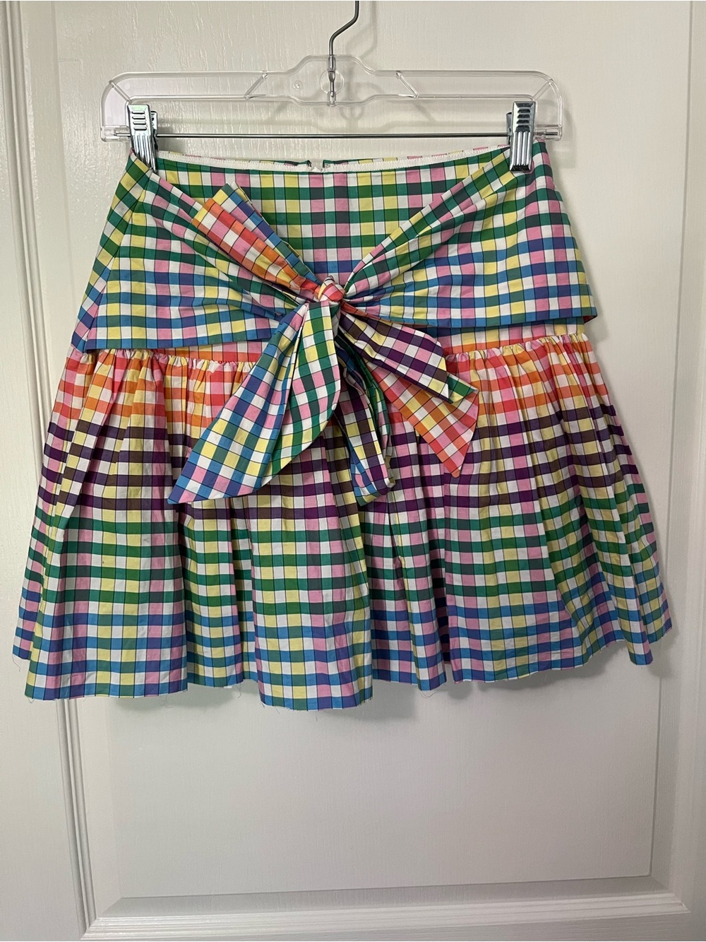 J. Crew Multicolor Gingham Mini Skirt with Bow Tie with raw hem